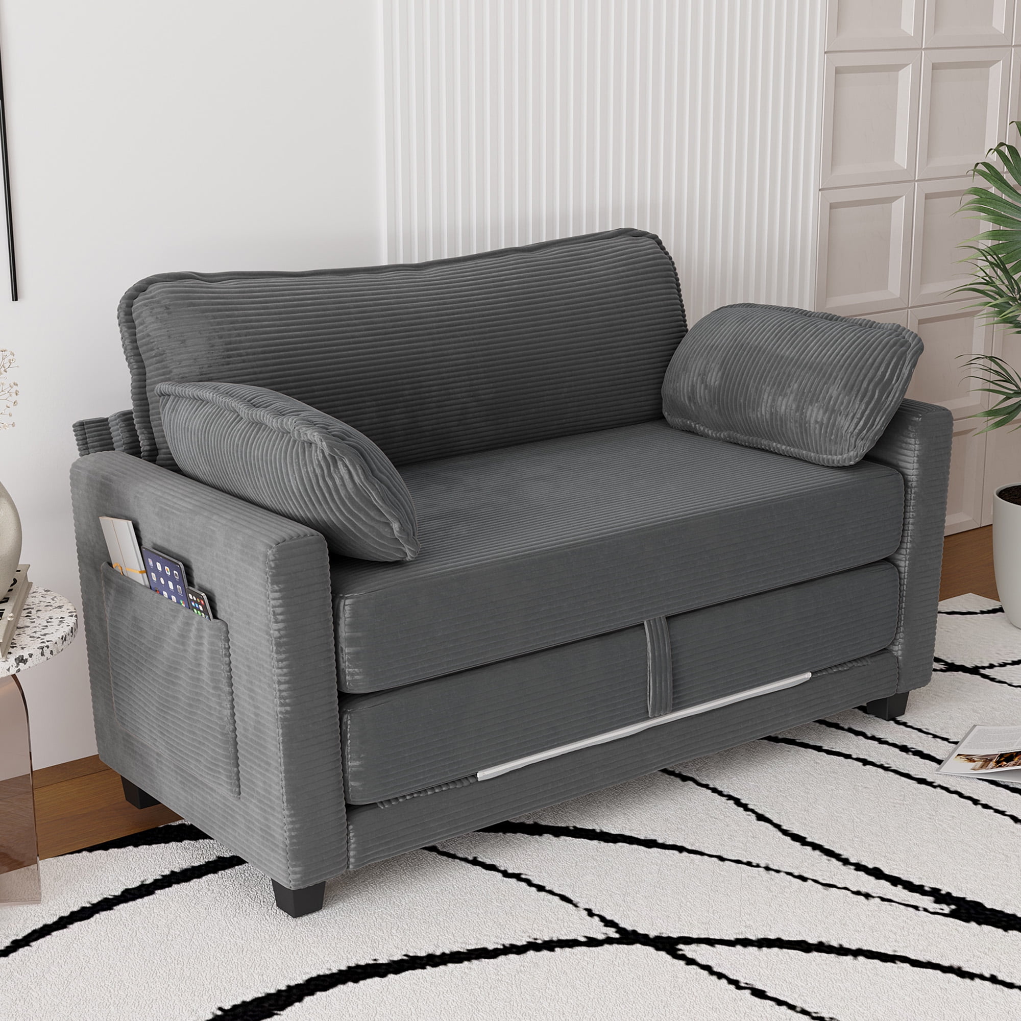 Convertible Sofa Bed, Loveseat Sleeper, 2-in-1 Sofa with Skin-Friendly Corduroy Fabric, Zero-Threshold Form Switch and Side Storage Pocket, for Small Space Living Room, Grey