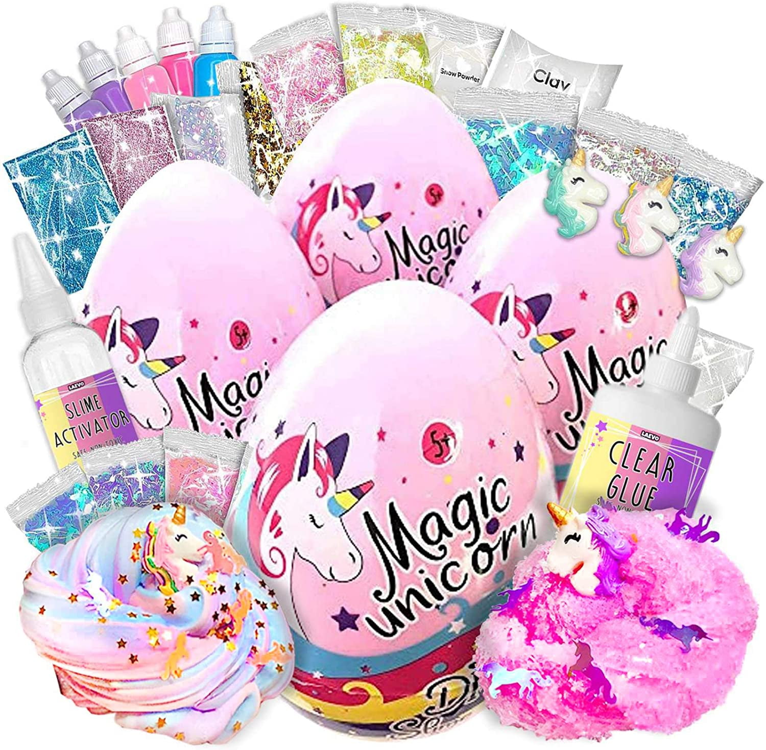 Laevo Unicorn Surprise Slime Egg Bundle (4pack Variety) - Slime Making Kit - Slime for Girls - Easter Eggs - Easter Egg DIY Slime Kits Great for Easter Baskets - Butter, Cloud, Glitter, Stardust Slime