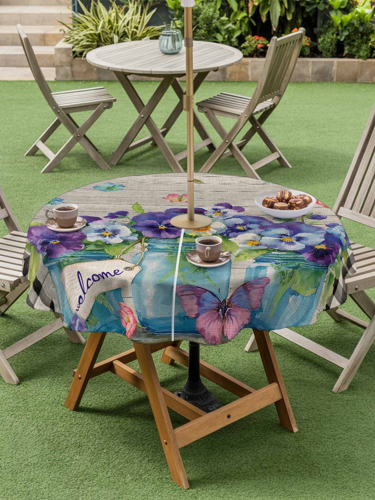 Hello Spring Outdoor Tablecloth - 54 Inch Round Dining Table Cover, Pastoral Purple Bottle Floral Wooden Plaid Waterproof Outdoor Table Cloth with Umbrella Hole & Zipper for Picnic/Patio/Party