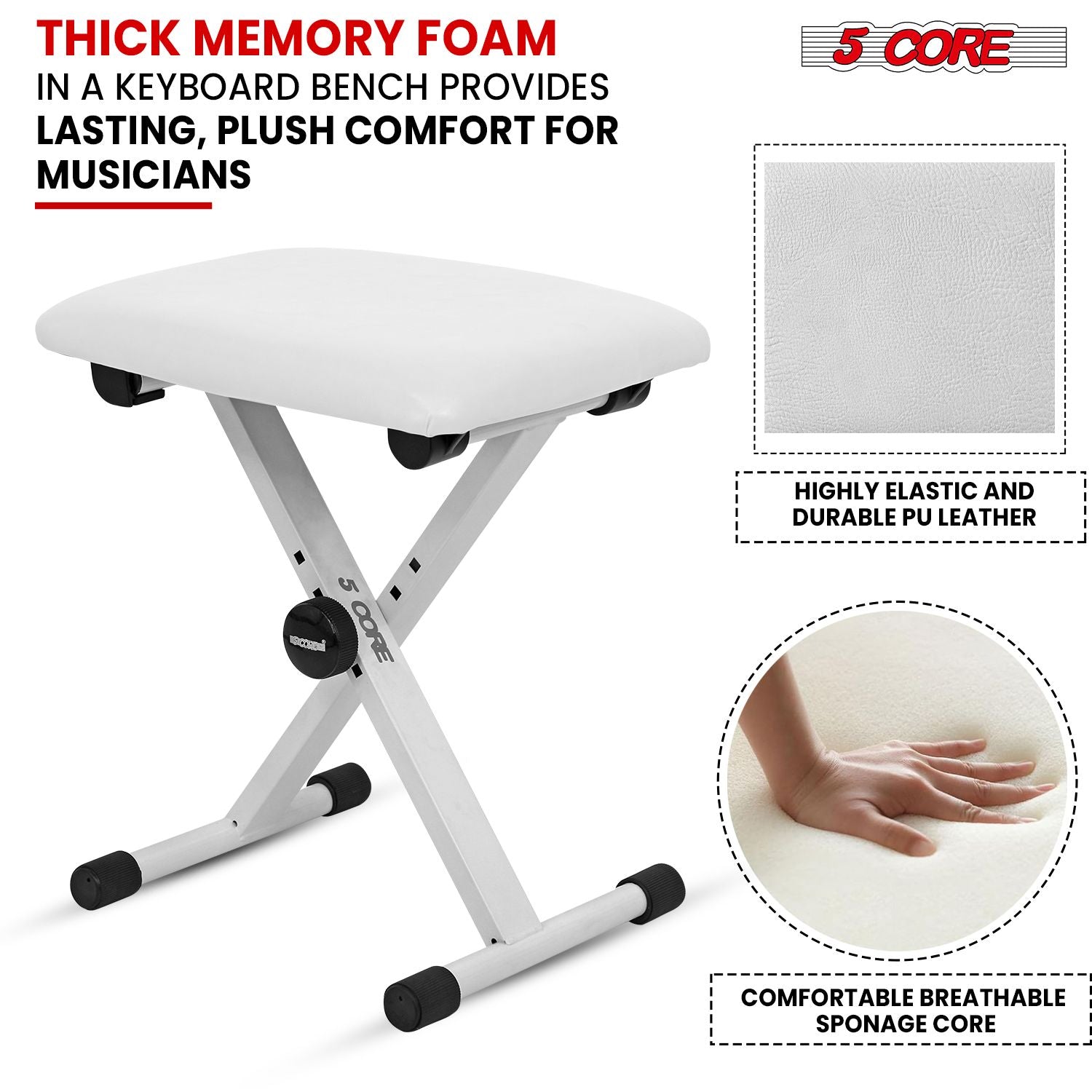 5 Core Keyboard Bench 2 Inch Padded Cushioned Piano Stool Height Adjustable Guitar Seat Folding Portable Musician Chair w Nonslip Rubber Feet Black - KBB 02 BLK