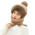 thumbnail image 2 of Eosunjian Women Winter Hat with Integrated Scarf Cold proof Front Cover Thick Plush Warm Full Outdoor Cycling Travel Cold Weather Cap Coffee, 2 of 13