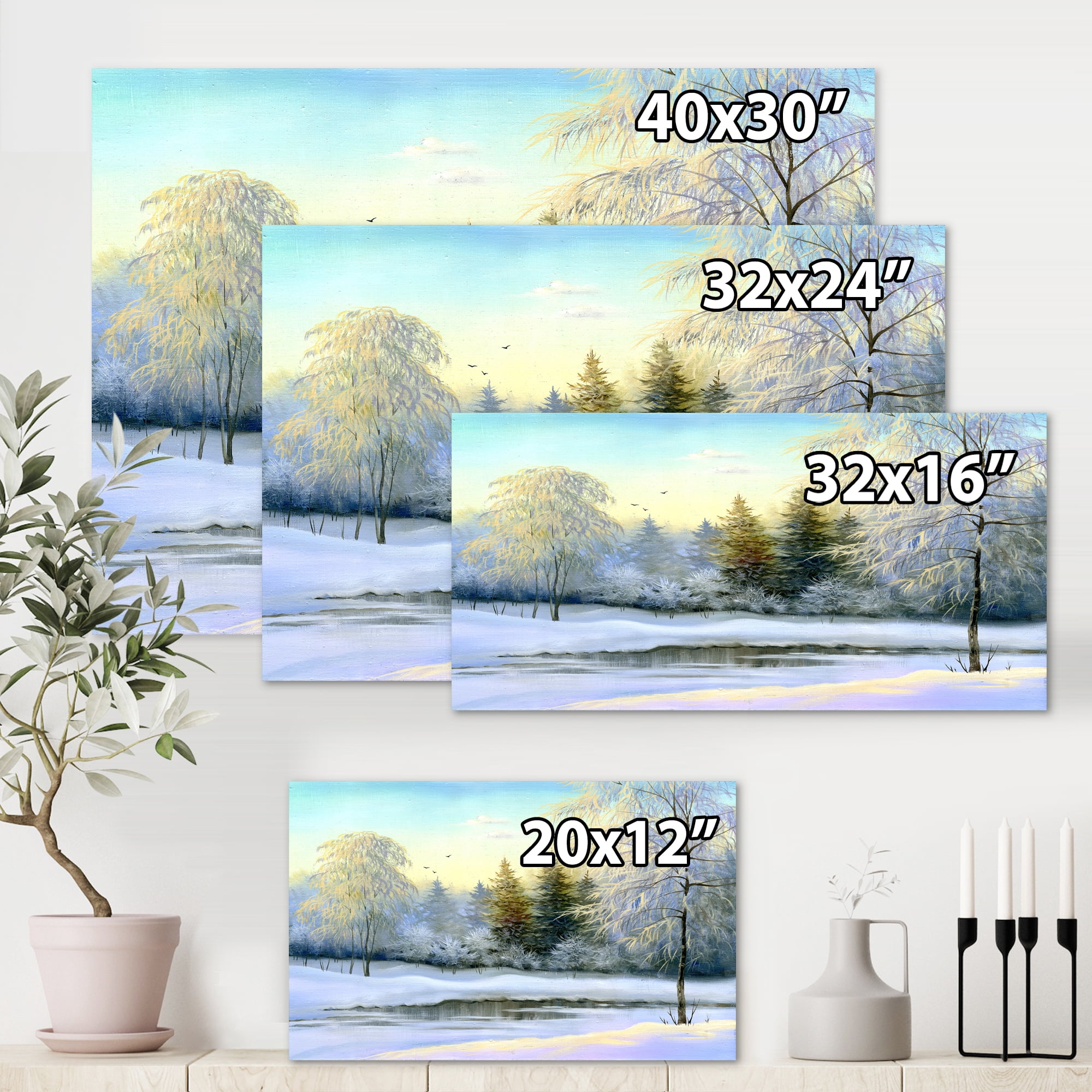 Designart ' Green Trees In Beautiful Winter Snow Landscape ' Traditional Canvas Wall Art Print