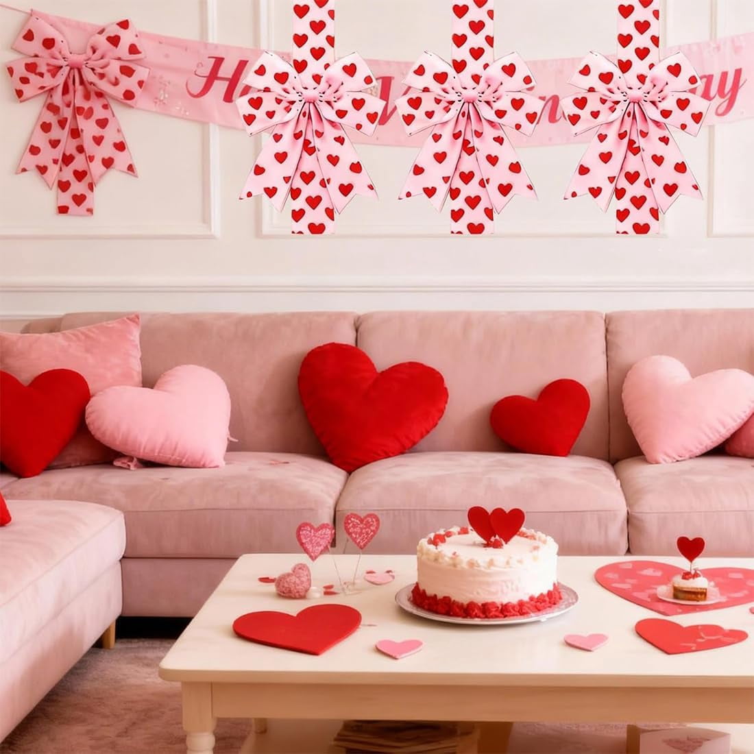 4 Pcs Valentines Cabinet Bows, Valentines Day Cabinet Decor, Red Hearts Door Bows Decorations for Window & Kitchen Decorations