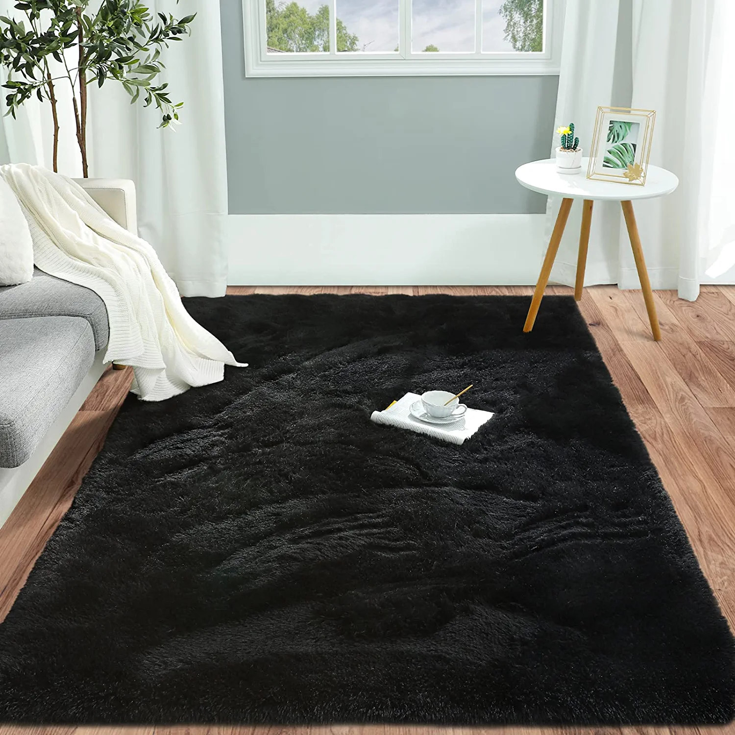 Lochas Fluffy Rug Soft Fuzzy Shag Carpet for Bedroom Living Room Indoor Home Decor Nursery Big Area Rugs, 5'x8',Black