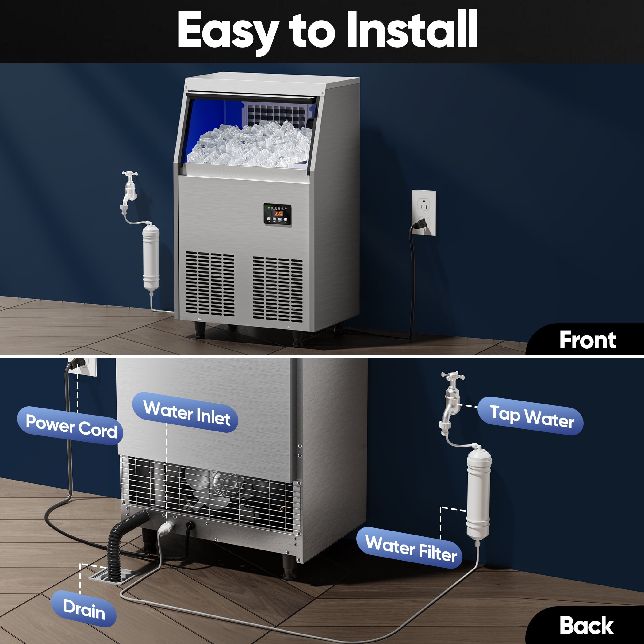 Coolski Commercial Ice Maker, 100 lbs/24H Under Counter Ice Machine, 34 lbs Bin