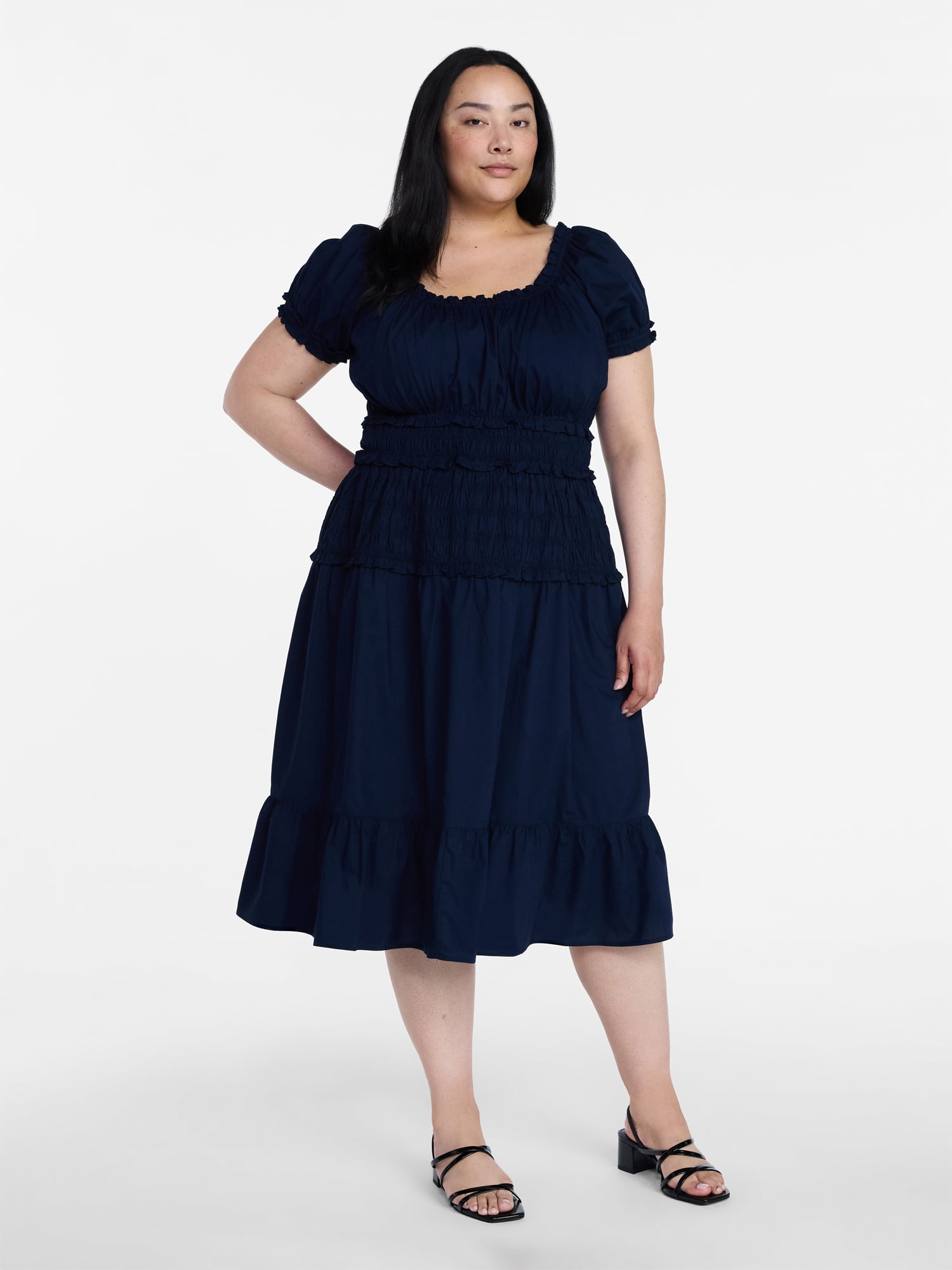 Time and Tru Women's Smocked Cotton Peasant Dress with Short Sleeves, Sizes XS-XXXL