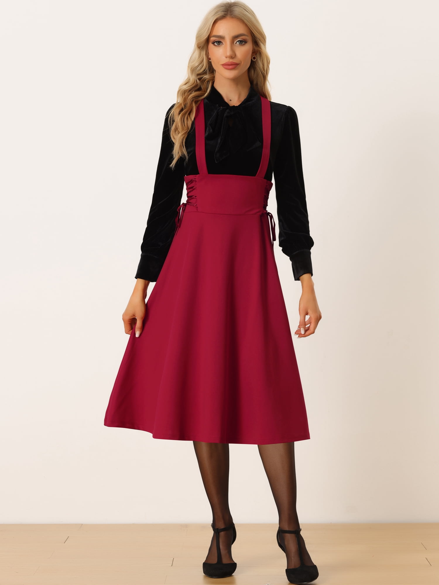 DARING DIVA High Waist Brace Skirts Lace Up Swing Midi Suspender Skirt M Red