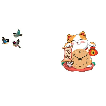 4 Pieces Bird Wall Hanging Wooden Cat Clock Silent Non Ticking Decor for Living Room Study Office Home