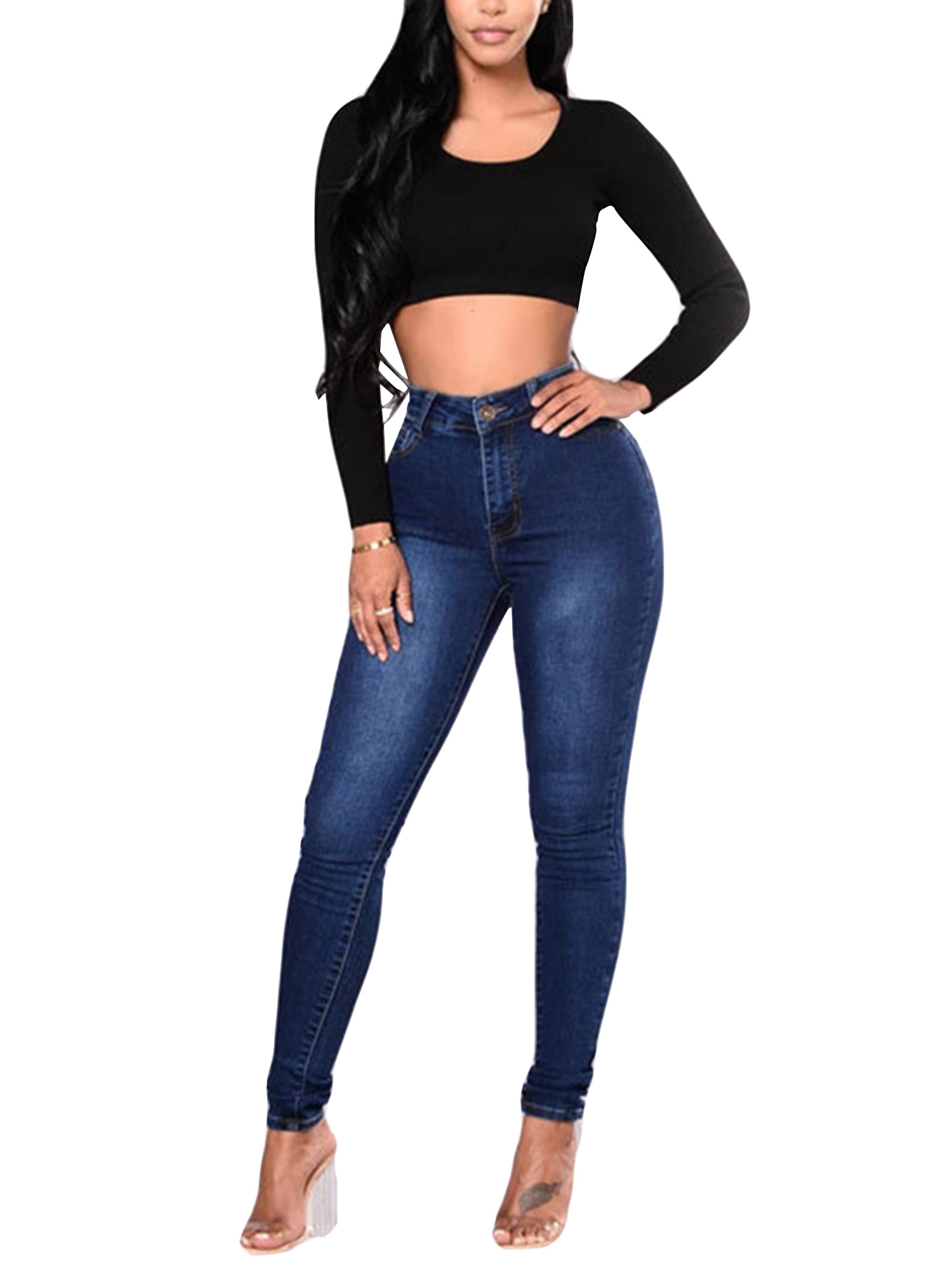 Women High Rise Distressed Solid Stretch Sexy Skinny Leg Denim Jeans Bodycon Jeggings Pencil Pants Trousers With Pockets - image 3 of 5