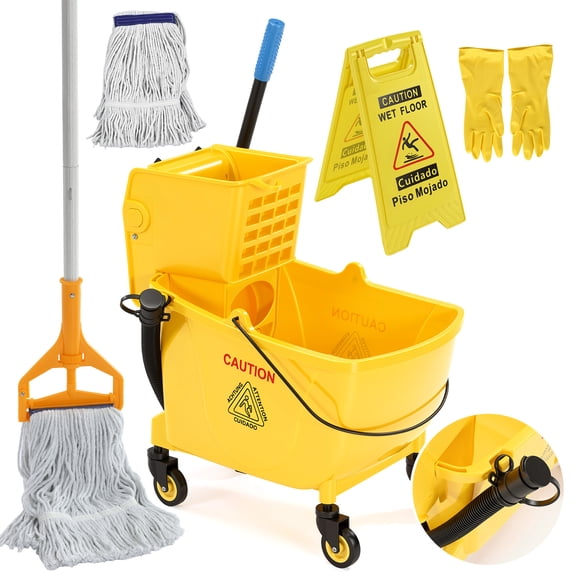 Fnova 38 Qt Side Press Wringer Combo Commercial Mop Bucket on Wheels, Including Wet Floor Caution Sign, 1 Heavy Duty Industrial Mop, 1 Mop Head Replacement and a Pair of Gloves, Yellow