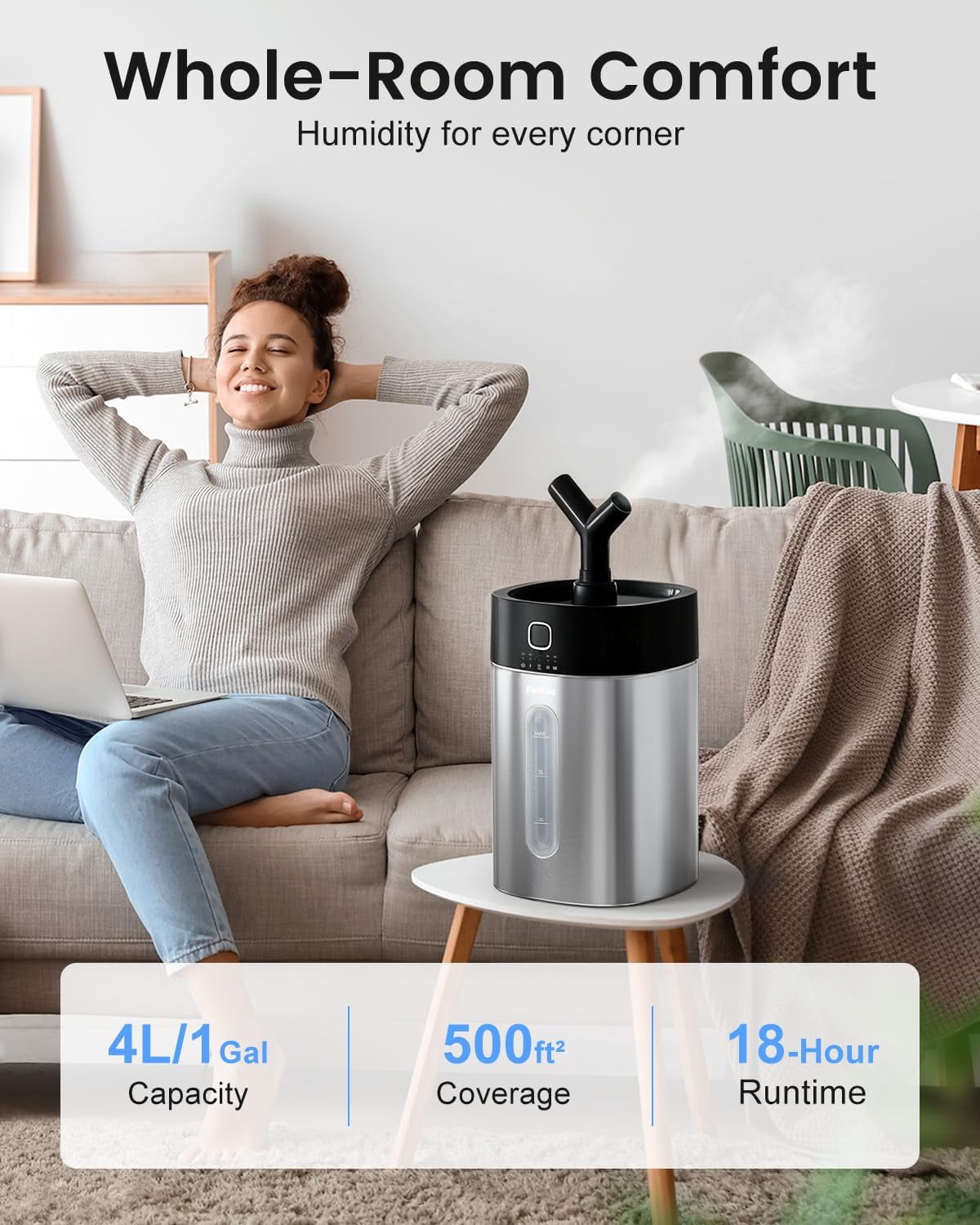 Stainless Steel Humidifier Easy Clean, 1Gal/4L Cool Mist Humidifiers for Bedroom, Dishwasher Safe Large Room, Black