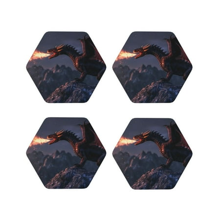 

Tebeau Fire Breathing Dragon Twilight Print Set of 4 Leather Drink Coasters Round Cup Mat Pad for Home and Kitchen Use 4 -Hexagon