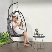Egg Chair with Stand, Patio Wicker Hanging Chair, Hammock Swing Chair, 350LBS Capacity for Bedroom, Balcony, Garden(BR-GR)