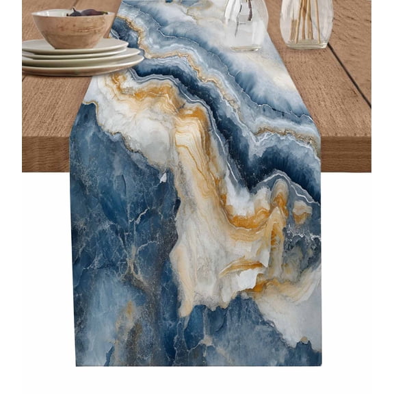 Ldtrchee Navy Blue Yellow Table Runner 70 Inches, Modern Marble Artwork Abstract Bed Runner Dresser Scarves Tabletop for Indoor Outdoor Parties/Ceremony/Banquet, 13" x 70"
