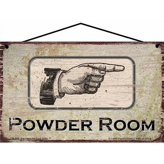 5x8 POWDER ROOM RIGHT Vintage Style Sign with a Hand Pointing to the Right - Charming Bathroom Decor with Directional Hand, Housewarming Gift, Wall Art That Adds a Classic Touch to Home Interior