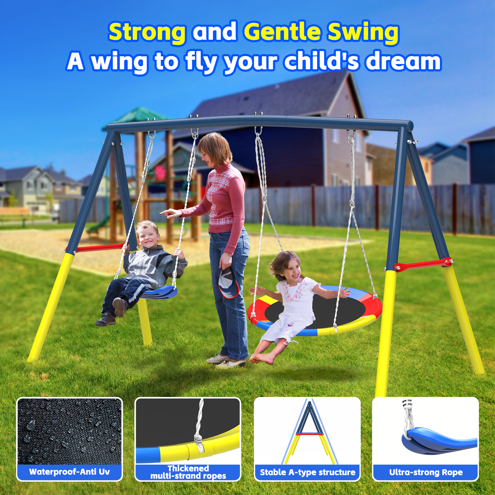 Mersco 15FT Heavy Duty Trampoline with Enclosure Net ,Swing Set Outdoor Big Trampoline for Backyard, Kids Trampoline with Basketball Hoop, Kids Birthday and Festival Gifts,Blue