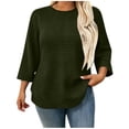 thumbnail image 2 of Mifsaly Plus Size Crewneck Sweatshirts Women Waffle Textured 3/4 Sleeve Pullover Sweatshirt Army Green,XXL, 2 of 8