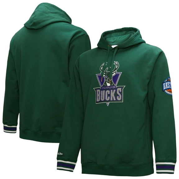 Men's Mitchell & Ness Hunter Green Milwaukee Bucks Hardwood Classics Chainstitch-Vintage Heavyweight Pullover Hoodie