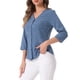 thumbnail image 4 of Blusa de mujer Inspire Chic con cuello en V, mangas 3/4, estampado de lunares y corazones, parte delantera con botones, azul mezclilla, talla XS, 4 of 6