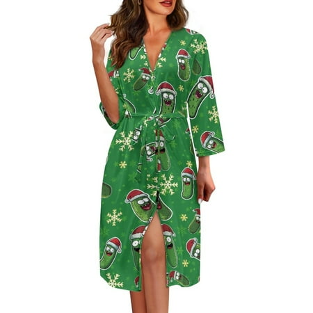 Yuyamidu Christmas Robe for Women After Shower Xmas Cucumber V Neck Bathrobe Nightgown Womens Lingerie Robes Snowflake Long Dressing Gown Size L  Green