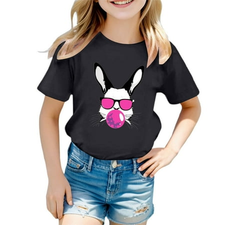 Ruiwill Easter Girls Tops Size 6-7 Years Bunny Print Short Sleeve Crew Neck Summer Festival Casual Girls Tees Black