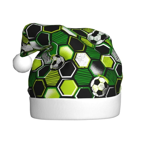 Fuzoiu Soccer1 Print Santa Hat Christmas Hat for Adults,Santa Hats with Pompom, Unisex Xmas Holiday Hat for Christmas New Year Festive Party Supplies