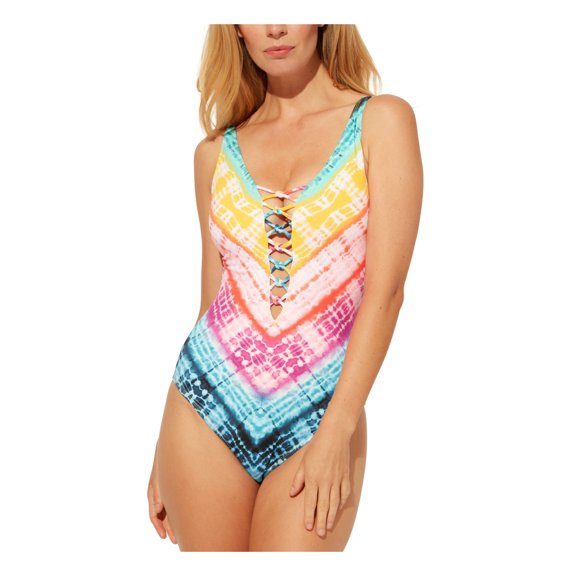 BLEU Women's Yellow Tie Dye Stretch Adjustable Straps Deep V Neck Full Coverage Good Vibrations One Piece Swimsuit 4
