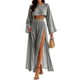 thumbnail image 2 of Womens Matching Sets Summer 2 Piece Beach Vacation Outfits Long Sleeve Crop Top High Slit Maxi Skirt Set Resort Wear, 2 of 6
