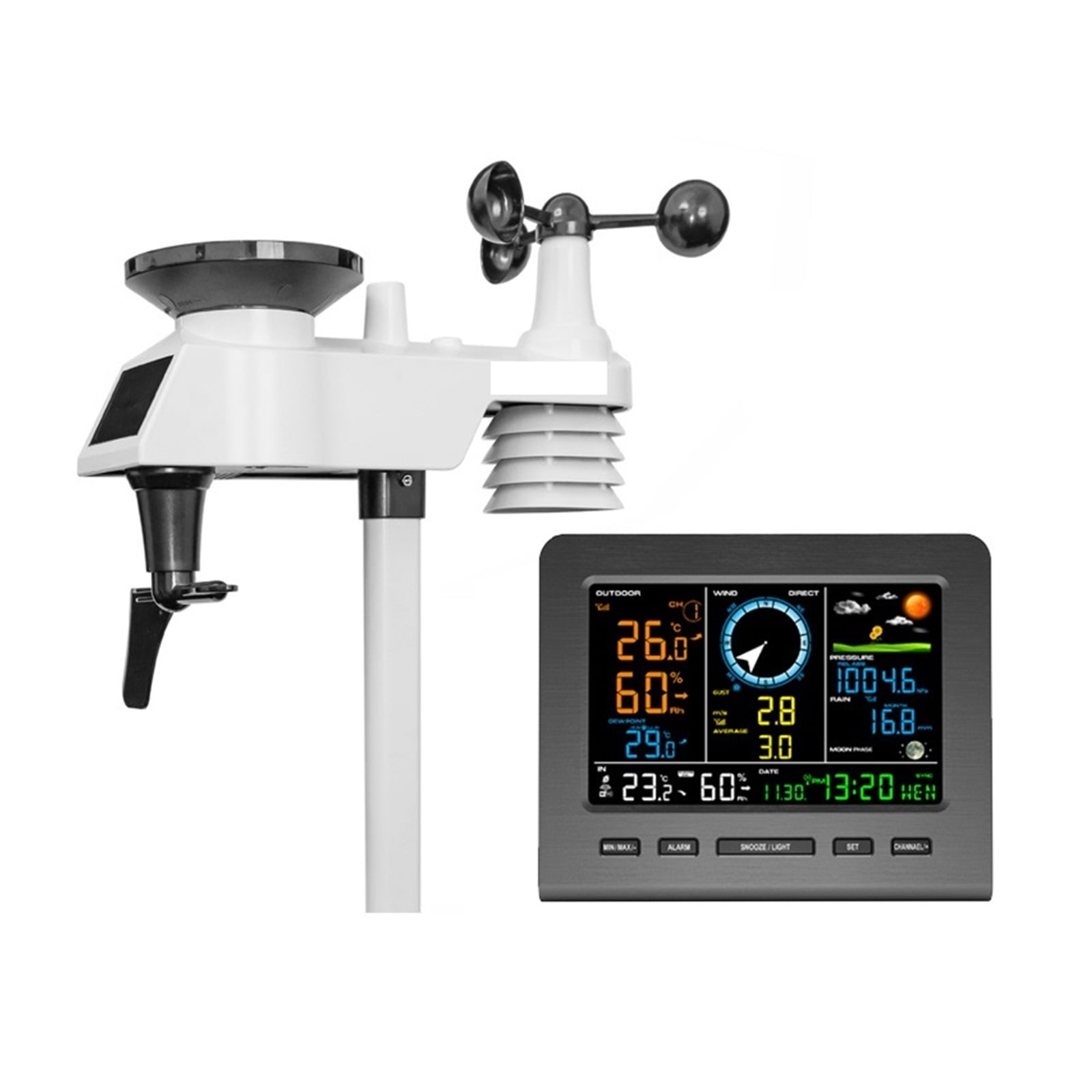 Internet Wireless Weather Station Weather Forecast Temperature Pressure Humidity Wind Gauge Rain Gauge Moon Phrase Alarm Clock ,Easy to Install