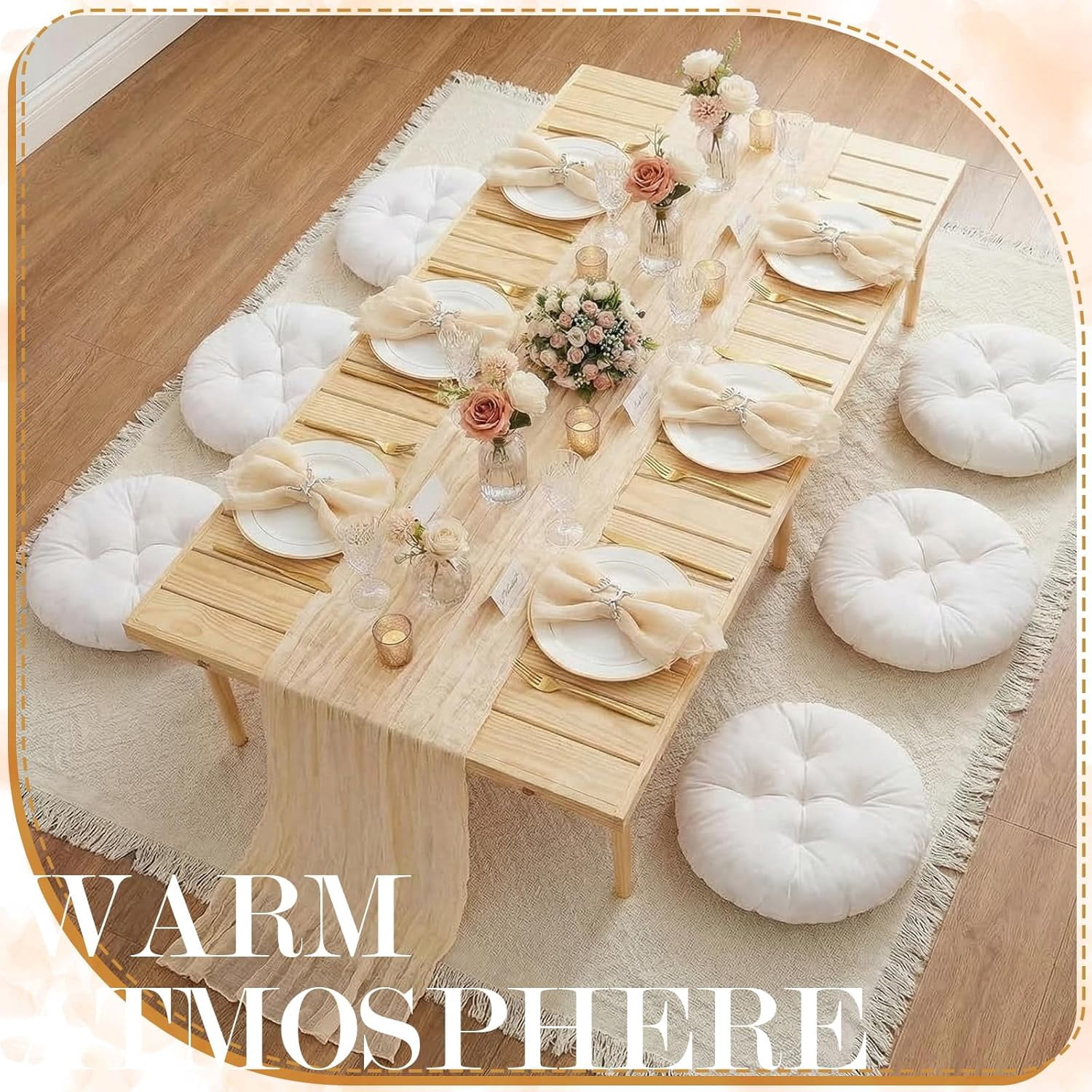 91 x 71'' Extra Large Outdoor Picnic Blanket with Beige Table Runner 6 Napkins and 6 Beige Floor Pillows Cushions for Picnic Party Camping Wedding Bachelorette Birthday Baby Shower Decor