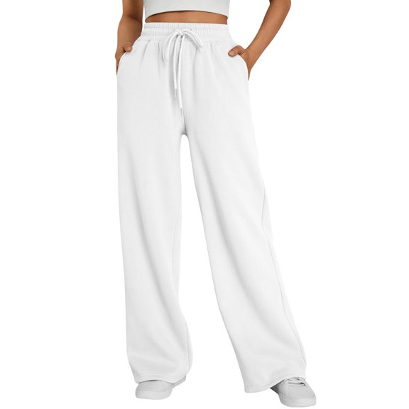 Women's wide-leg athletic pants, high-waisted loose casual trousers with drawstring, flared athletic pants, jogging pants with pockets,White,XL