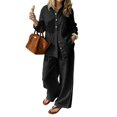 thumbnail image 3 of Linen Blend Long Sleeve Button Down Set for Women, Notched Collar Shirt & Wide Leg Pants - Casual Solid Color Two Piece Lounge Outfit with Pockets Black L, 3 of 6