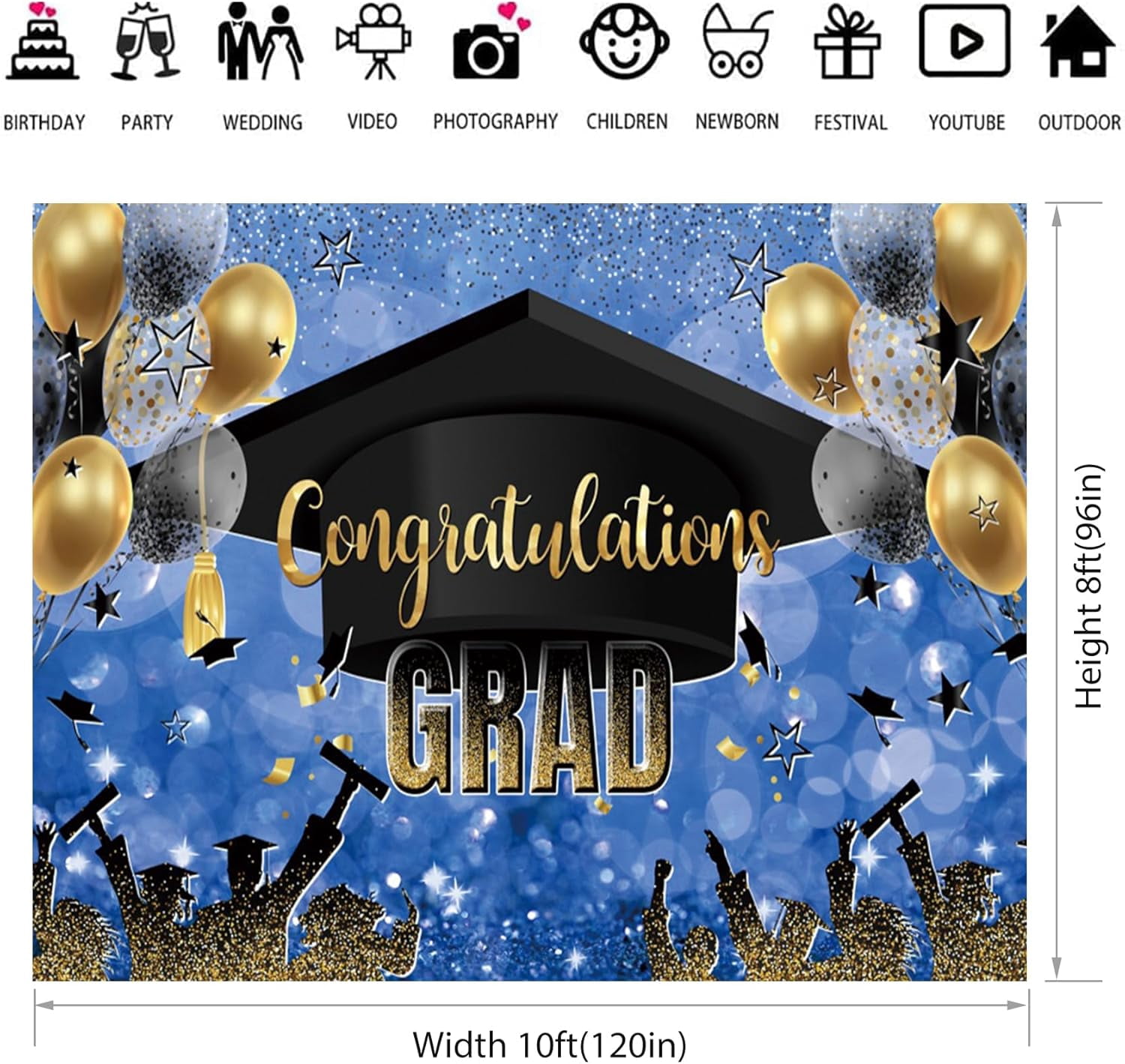 10x8ft Graduation Backdrop Class of 2024 Blue Gold Congratulation Graduates Prom Background Gold Balloons Bachelor Cap Congrats Grad Party Blue Decoration Banner Photo Booth Props