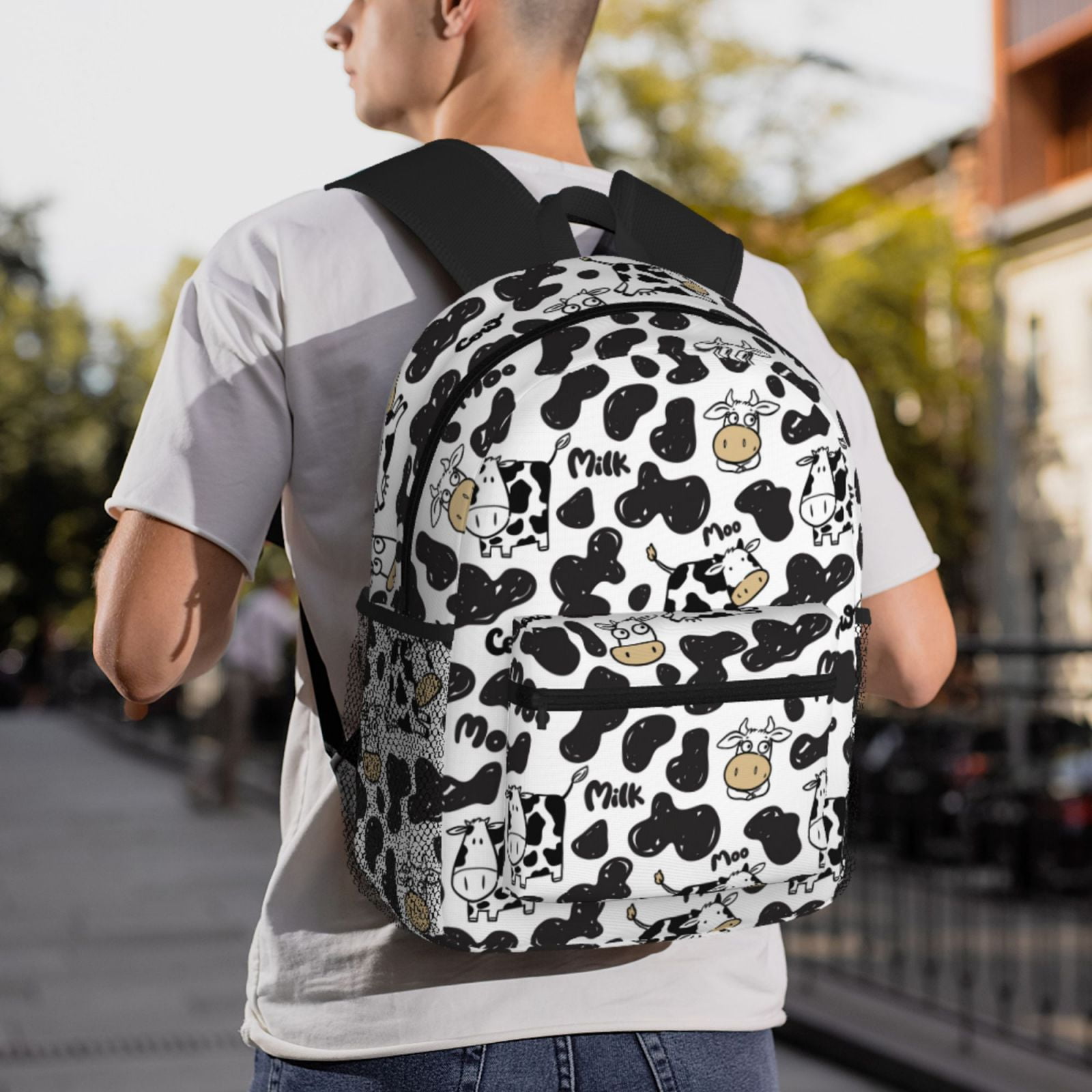 Ratiio Cow Print Casual Backpack for Men and Women, Water Resistant Oxford Fabric School Bag Lightweight Travel Daypack
