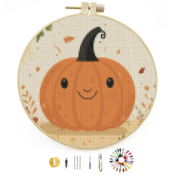 Autumn Pumpkin DIY Stamped Cross Stitch Kits Easy for Beginners with Hoop 11CT Counted Embroidery Needlepoint Crafts Arts for Handmade Enthusiasts and Home Decor 30x30cm(2)