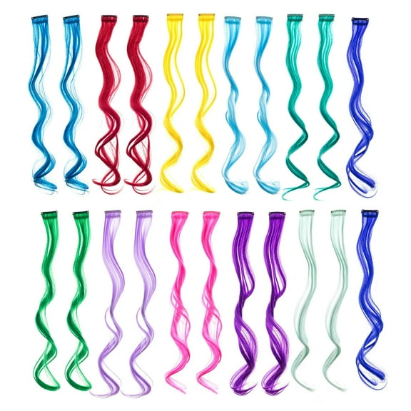 MQOUO 22 Pcs Colored Party Highlights Clip on in Hair Extensions Multi-Colors Hair Streak Synthetic Hairpieces (11 Colors 22 Pcs in Set -Curly Wavy)