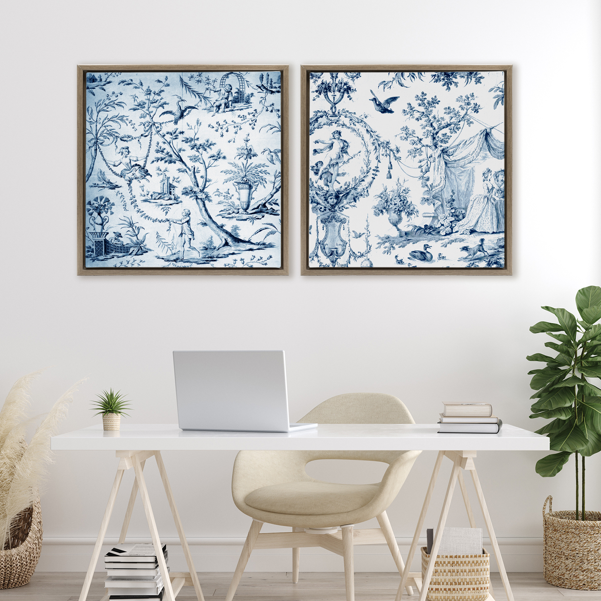 Intricate Toile Scenery 2 Piece Brown Framed Floater Canvas Set, design by Vintage Hustle
