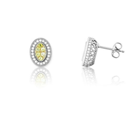 TheJewelryHut Designer Sterling Silver Oval Canary and White CZ Micro Pave Earrings