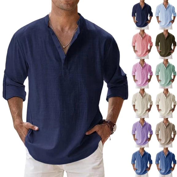 Men's Cotton Linen Henley Shirts Long Sleeve Button Up Hippie Beach T-Shirt Summer Casual Loose Yoga Tops Plus Size Royal Blue L