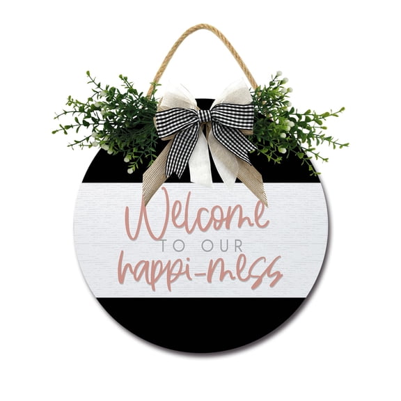 Front Door Porch Decorations Welcome To Our Happi-mess Door Hanging Sign 11 inch Wooden Wall Sign, Rustic Holiday Wreath Decor for Front Door Porch Home Window Wall Farmhouse Decorations