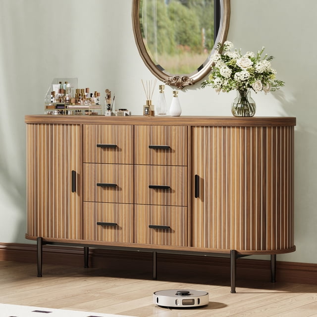 59 Inch Farmhouse Fluted Sideboard Buffet, Large Credenza Media Console with 6 Drawers and 2 Sliding Doors for Living Room & Kitchen Storage