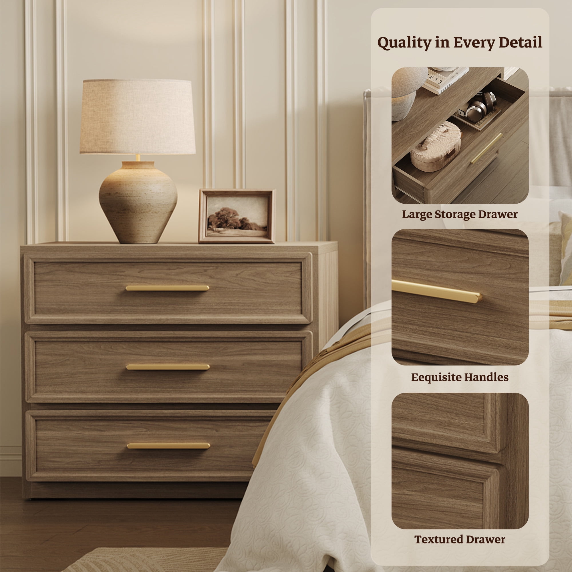 SICOTAS 31.3" W 3-Drawer Nightstand Set of 2 with Oversized Large Storage , Modern Night Stands Bedside Table with Adjustable Feet & Gold Handles for Bedroom Living Room Entryway, Walnut