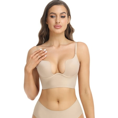 COMFREE Low Back Bras for Women Deep U Plunge Backless Bras Seamless Halter Bras Wire Lifting Low Cut Bra