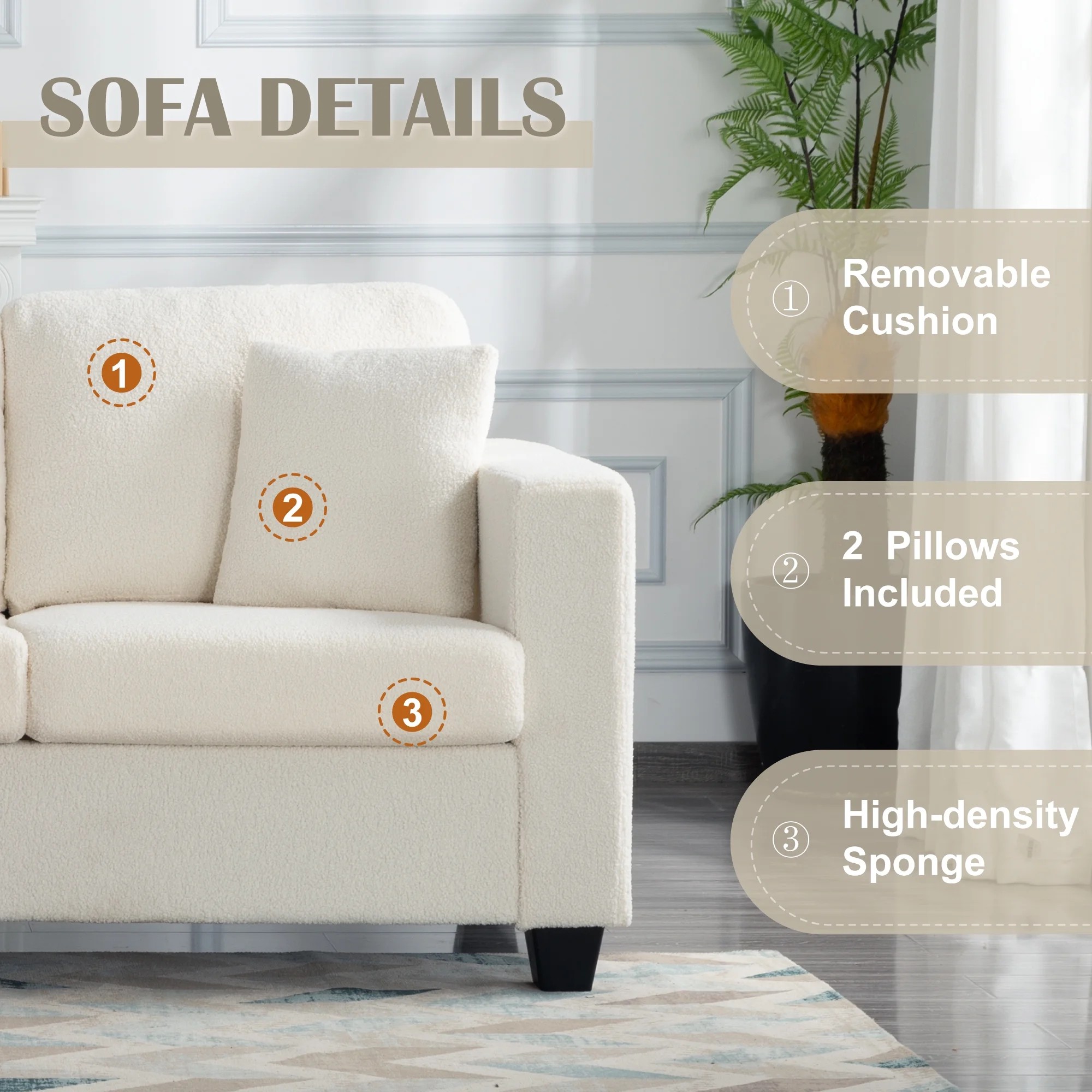 Gewnee 86.5''Modern Teddy Velvet Sofa with 2 Pillows,Extra-Wide Deep Sofa Couch,Suitable for Living Room,Bedroom,Office,Apartment (Beige)