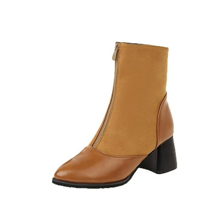 

KBKYBUYZ Women s Winter Warm Leather Patchwork Suede Front Zipper High Heel Chunky Ankle Boots