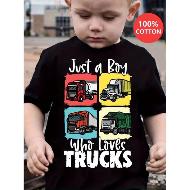 Boys' 100% Cotton Truck Print T-Shirt - "Just a Boy Who Loves Trucks" Design, Casual Summer Tee for Youngsters Machine Washable Short Sleeve Round Neck Breathable Youngsters's Shirt Truck Graphic