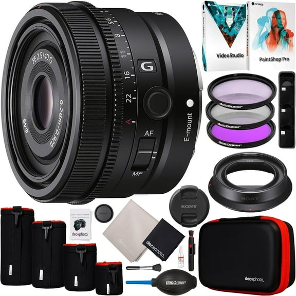 Sony FE 40mm F2.5 G Full Frame Ultra Compact Lens SEL40F25G for E-Mount Mirrorless Cameras Bundle with 49mm UV/Polarizer/FLD Filter Kit   Deco Photo Protective Case 4 Pack   Software and Accessories