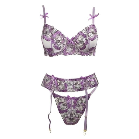 

Gubotare Lingerie For Women Plus Size Lingerie for Women 4 Piece Lingerie Set with Garter Belt and Stockings Bra and Panty Sets Sexy Lace Bodydoll Lingerie Purple L
