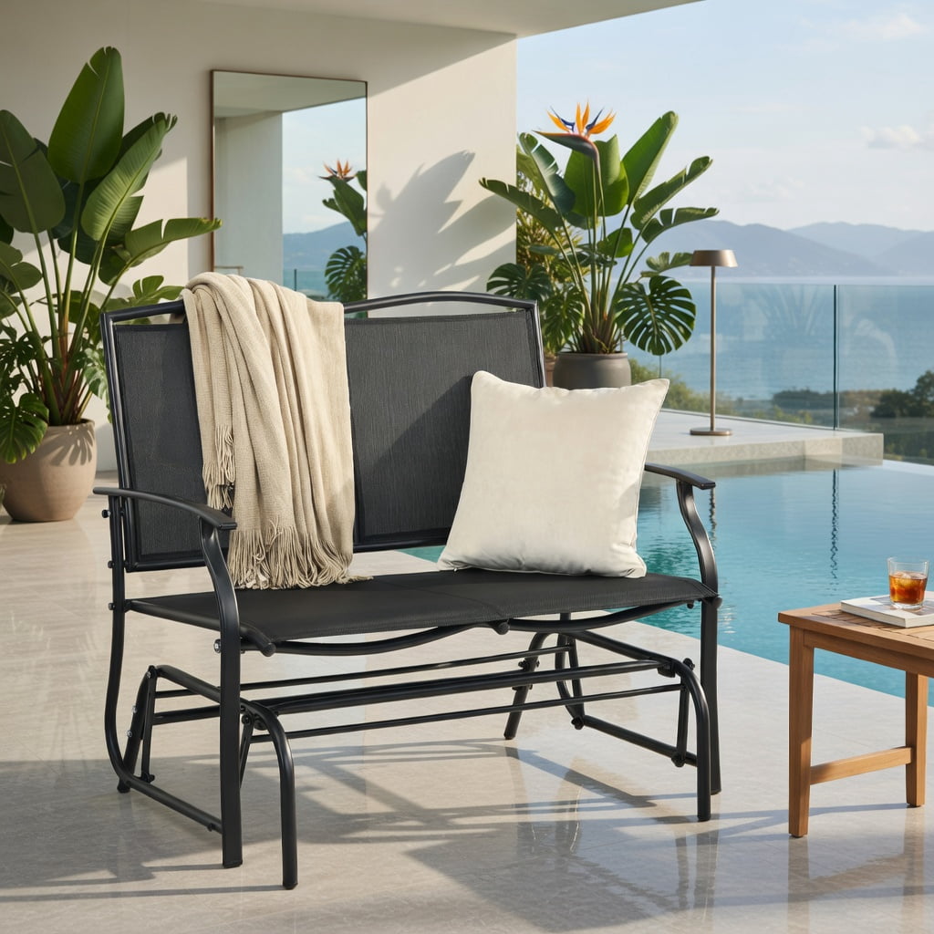 Hommoo Heavy-Duty Steel Outdoor Rocking Loveseat Chair, Textilene Patio Rocker for Backyard, Lawn, Deck or Indoor Use, Black
