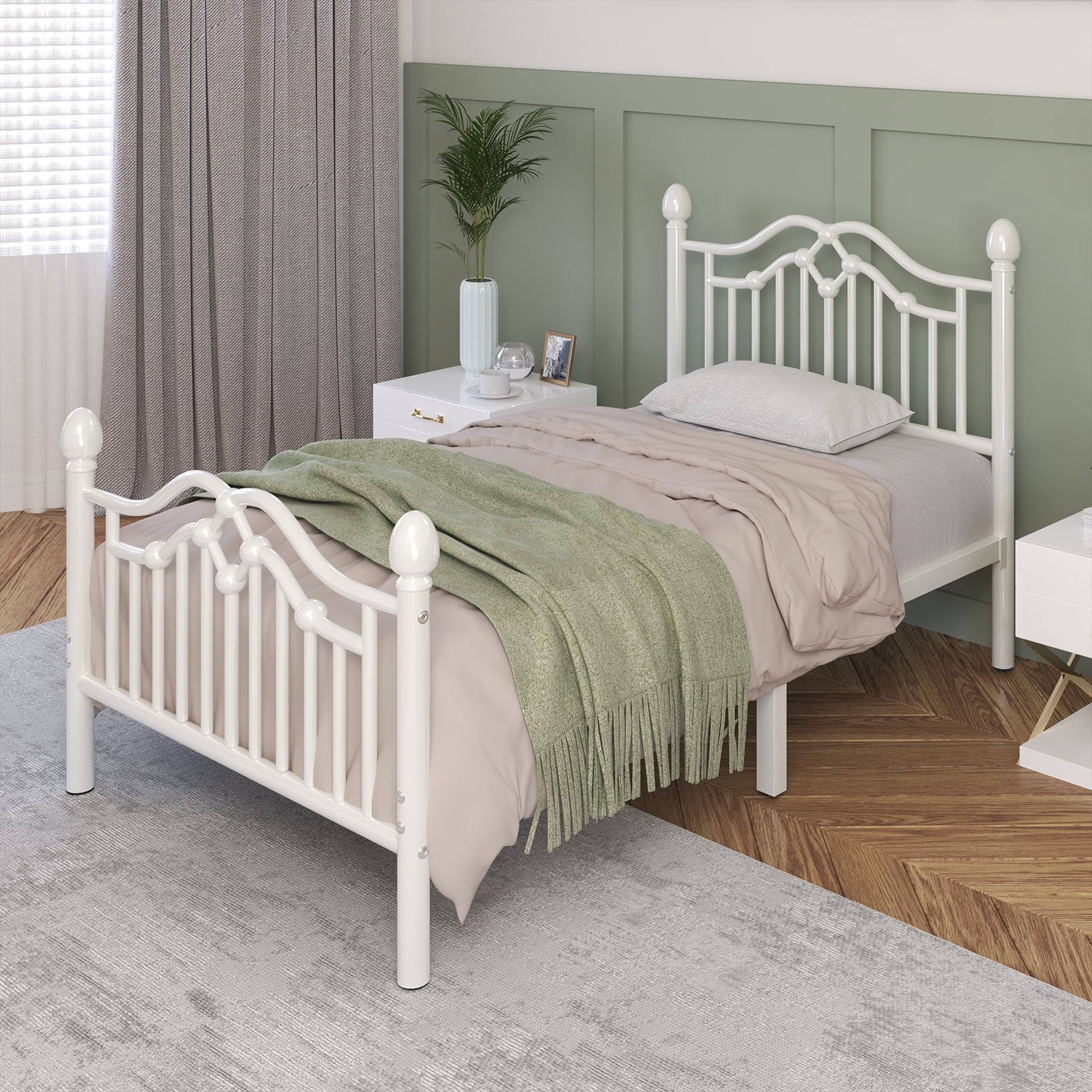 E-Ser Twin Size Metal Platform Bed Frame,Modern Headboard And Footboard,Adequate Under Bed Storage,No Box Spring Needed,White
